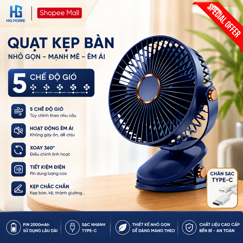 Quạt Mini Kẹp Bàn Tích Điện HGHOME 5 Chế Độ Gió Siêu Mát, Xoay 360 Độ Tích Hợp Sạc USB Tiện Lợi Pin 10000mAh