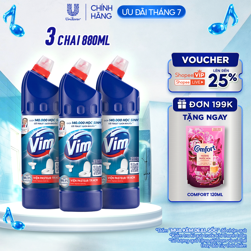 Combo 3 Nước Tẩy Bồn Cầu và Nhà Vệ Sinh Vim Diệt Khuẩn| Diệt 99,9% Vi Khuẩn (880ml)