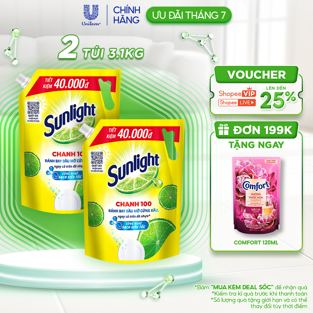 COMBO 2 Nước Rửa Chén Bát Sunlight Chanh 100 | Sạch Dầu Mỡ Đồ Nhựa | Túi 4x3.1Kg
