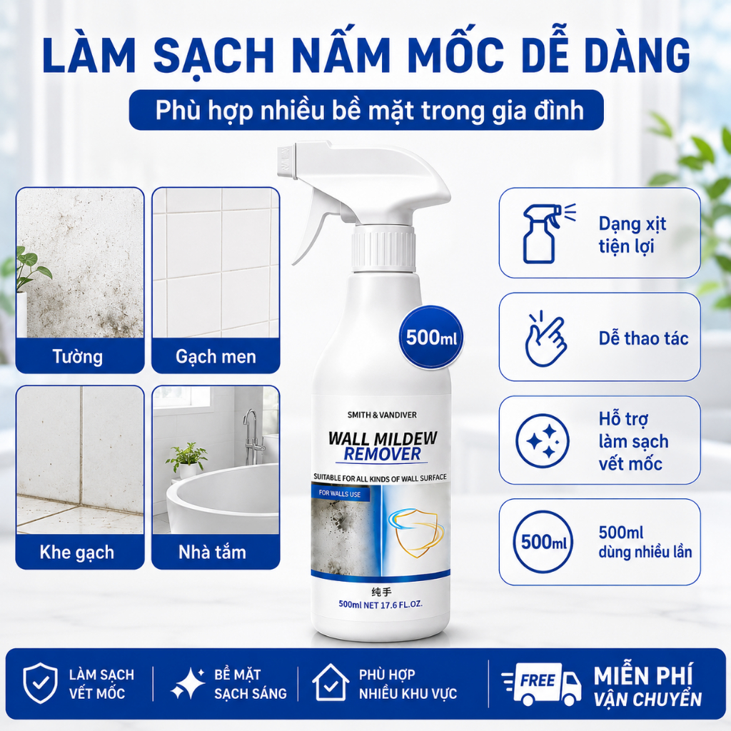 Xịt Tẩy Nấm Mốc 500ml | Làm Sạch Tường, Gạch Men, Khe Gạch, Nhà Tắm | Mua 2 Tặng 1