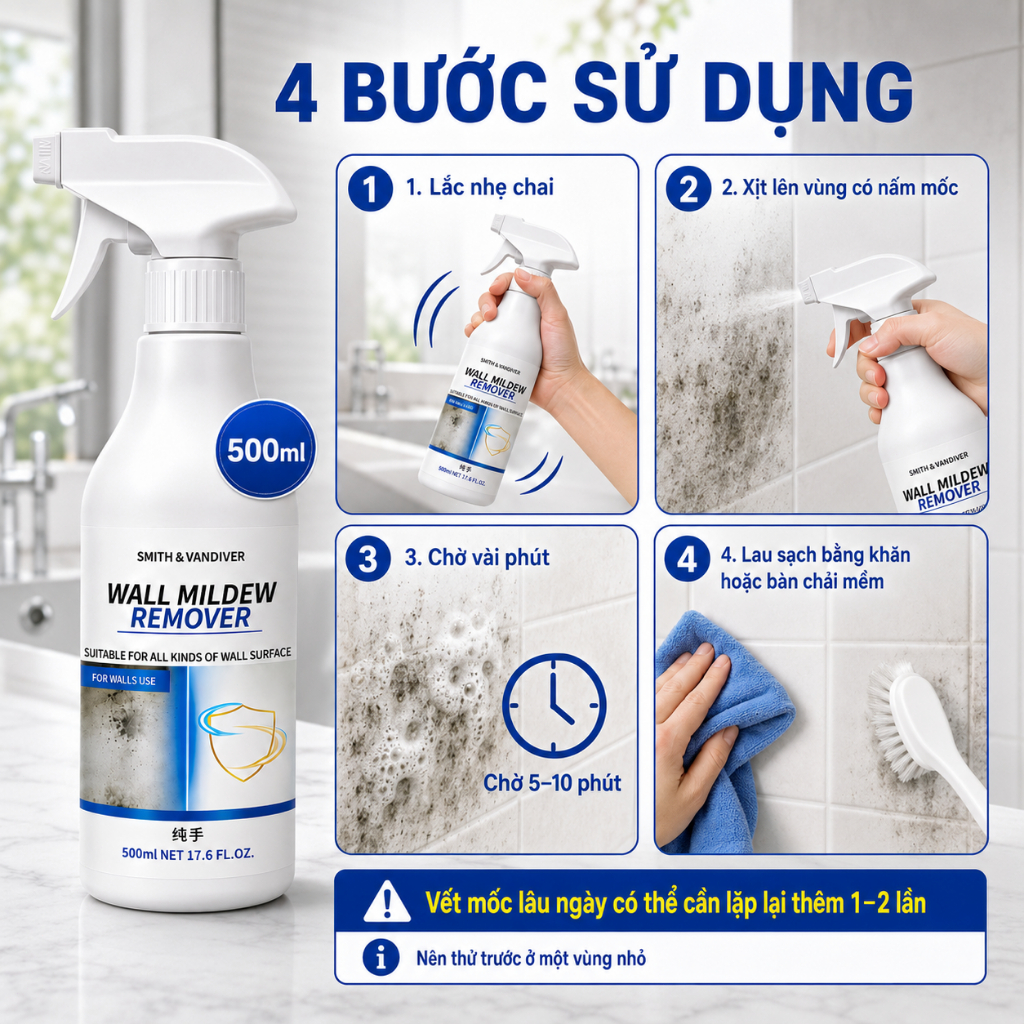 Xịt Tẩy Nấm Mốc 500ml | Làm Sạch Tường, Gạch Men, Khe Gạch, Nhà Tắm | Mua 2 Tặng 1