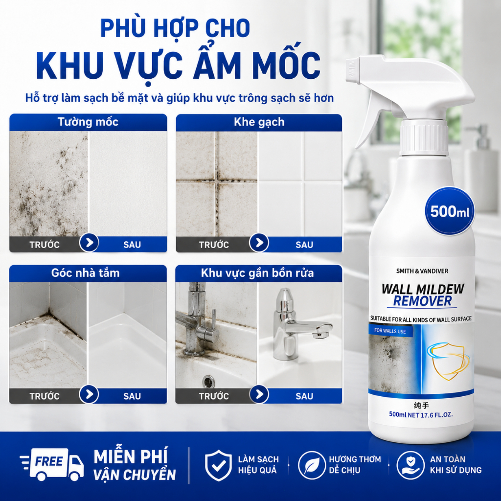 Xịt Tẩy Nấm Mốc 500ml | Làm Sạch Tường, Gạch Men, Khe Gạch, Nhà Tắm | Mua 2 Tặng 1