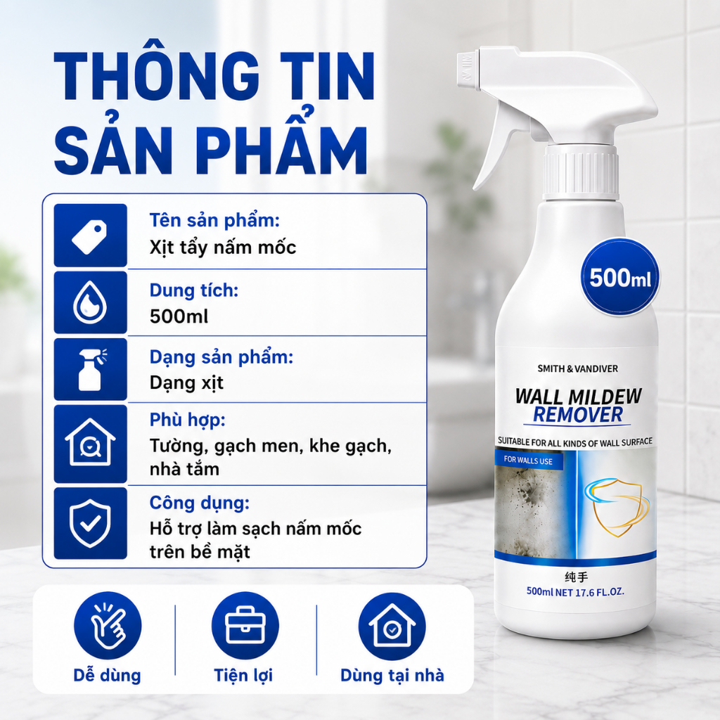 Xịt Tẩy Nấm Mốc 500ml | Làm Sạch Tường, Gạch Men, Khe Gạch, Nhà Tắm | Mua 2 Tặng 1