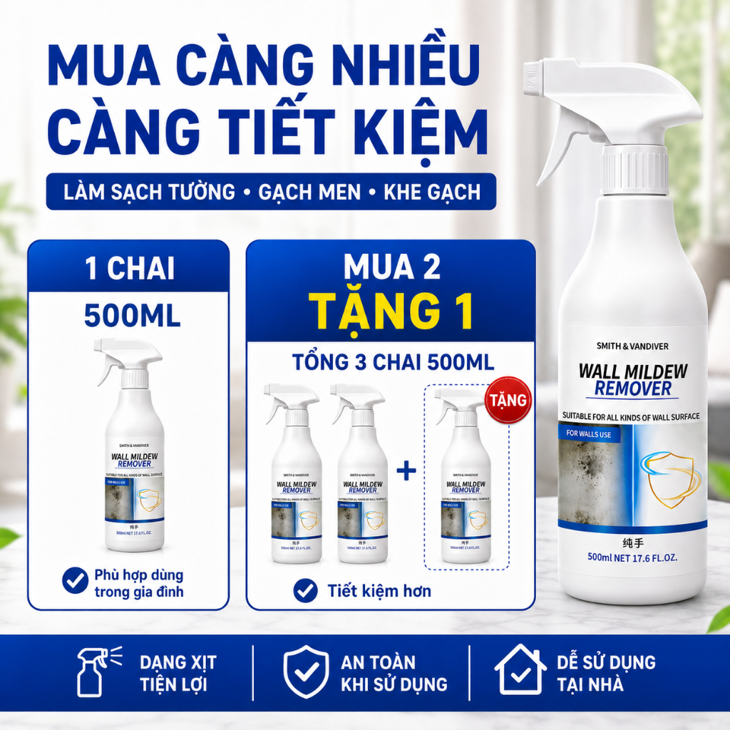 Xịt Tẩy Nấm Mốc 500ml | Làm Sạch Tường, Gạch Men, Khe Gạch, Nhà Tắm | Mua 2 Tặng 1