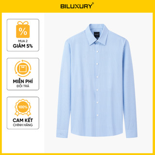 [T7_SALE 20%_HT] Áo Sơ Mi Dài Tay Xanh Nhạt Thiết Kế Kẻ Sọc 1SMDS634XAH Biluxury Form Casual Kháng Khuẩn Bền Màu