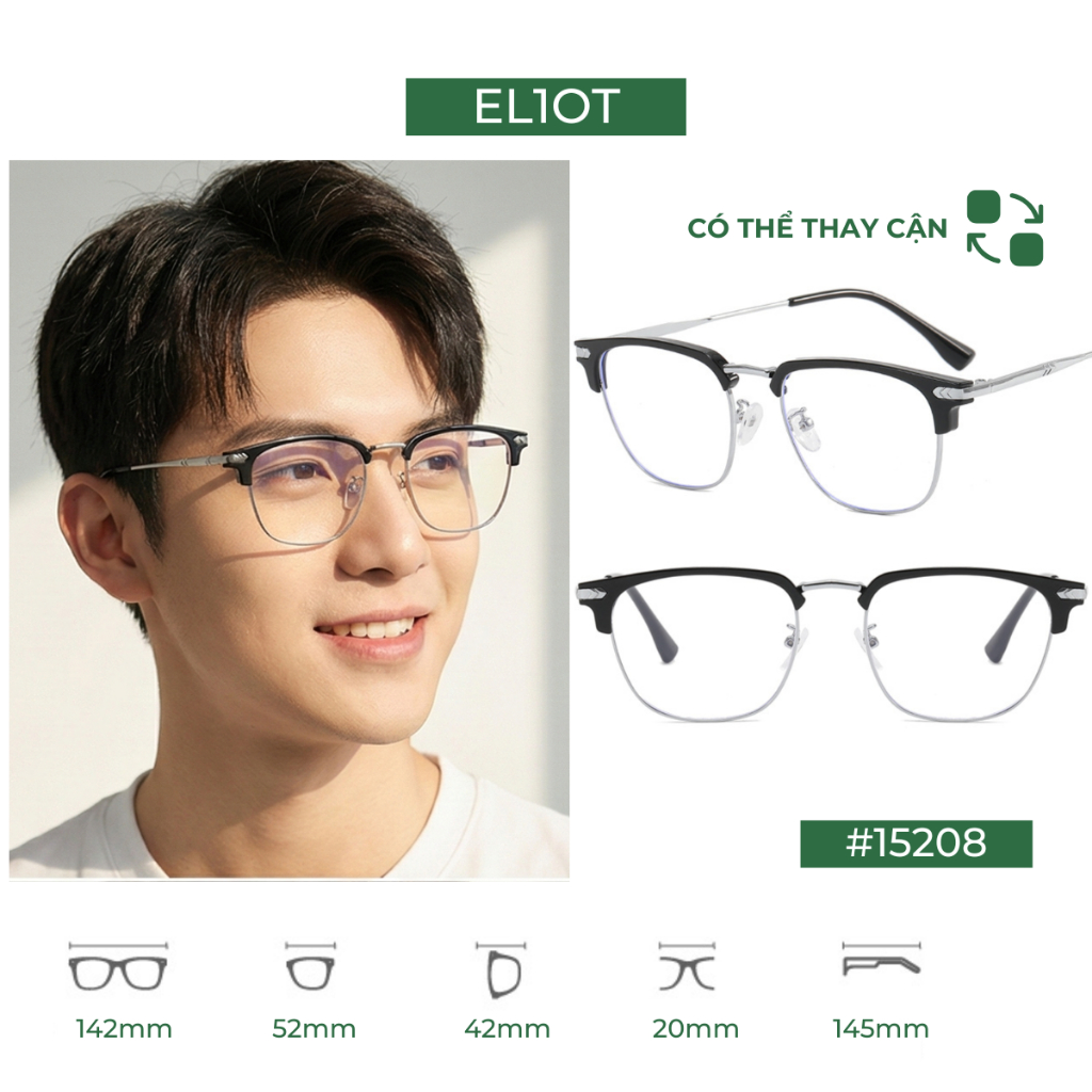 Gọng kính cận ELIOT EYEWEAR mắt kính nửa viền Clubmaster chống ánh sáng xanh có thể thay thế tròng cận EL-15208
