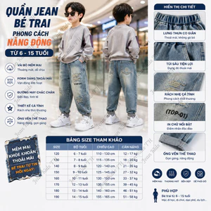 Quần Jeans Dài Bé Trai Cắt Rách Chất Bò Mềm Co Giãn Lưng Thun Thời Trang Cá Tính 6-15 Tuổi