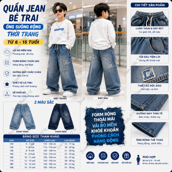 [TH029]Quần Jeans Dài Bé Trai Suông Rộng Chất Bò Mềm Co Giãn Lưng Thun Thời Trang Cá Tính 6-15 Tuổi