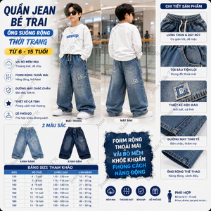 Quần Jeans Dài Bé Trai Suông Rộng Chất Bò Mềm Co Giãn Lưng Thun Thời Trang Cá Tính 6-15 Tuổi