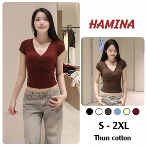 Áo Thun Cotton Cổ V Basic, Áo Nhún Ngực Co Giãn Ôm Dáng Nữ Tính Mùa Hè Thoáng Mát 582