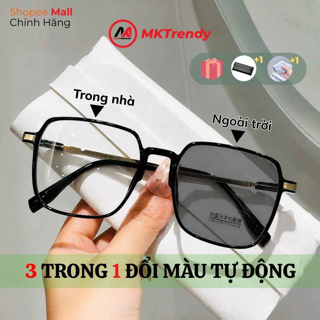 Kính đổi màu gọng vuông MKTRENDY gọng kim loại mảnh nhẹ chống tia UV chống ánh sáng xanh thời trang nam nữ X14