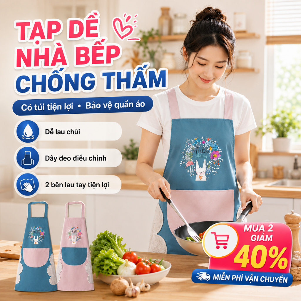 Tạp Dề Nhà Bếp Chống Thấm Có Túi | Tạp Dề Nấu Ăn Dễ Lau Chùi | Bảo Vệ Quần Áo