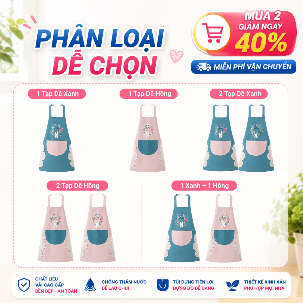 Tạp Dề Nhà Bếp Chống Thấm Có Túi | Tạp Dề Nấu Ăn Dễ Lau Chùi | Bảo Vệ Quần Áo