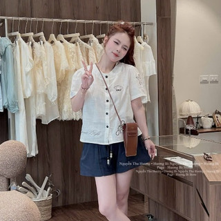 Set áo tơ cổ tàu họa tiết kèm quần sooc phối ren nhuộm cao cấp form dưới 60kg