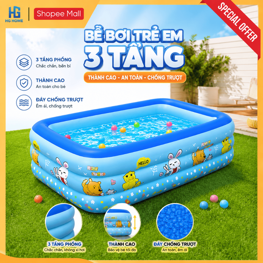 Bể Bơi Cho Bé Trong Nhà Thành Cao HGHOME 3 Tầng Đáy Chống Trượt Đa Dạng Kích Thước [ HÀNG ĐẸP]