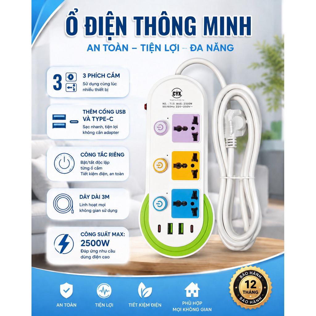 Ổ cắm điện đa năng 3 lỗ có công tắc độc lập kèm cổng sạc USB/Type-C (Mã: 318)