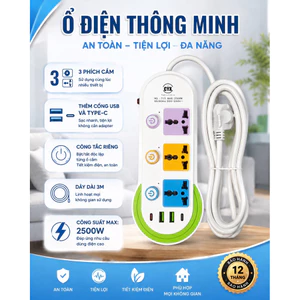 Ổ cắm điện đa năng 3 lỗ có công tắc độc lập kèm cổng sạc USB/Type-C (Mã: 318)
