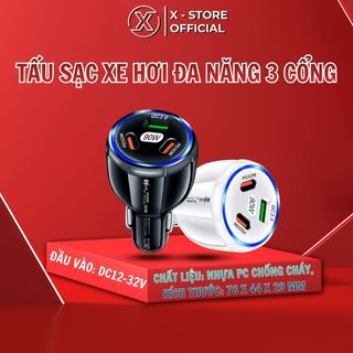Tẩu sạc xe hơi đa năng 3 cổng, sạc nhanh QC3.0, 1 Type C 2 USB cho điện thoại, tẩu sạc xe hơi tiện lợi TSOT3C