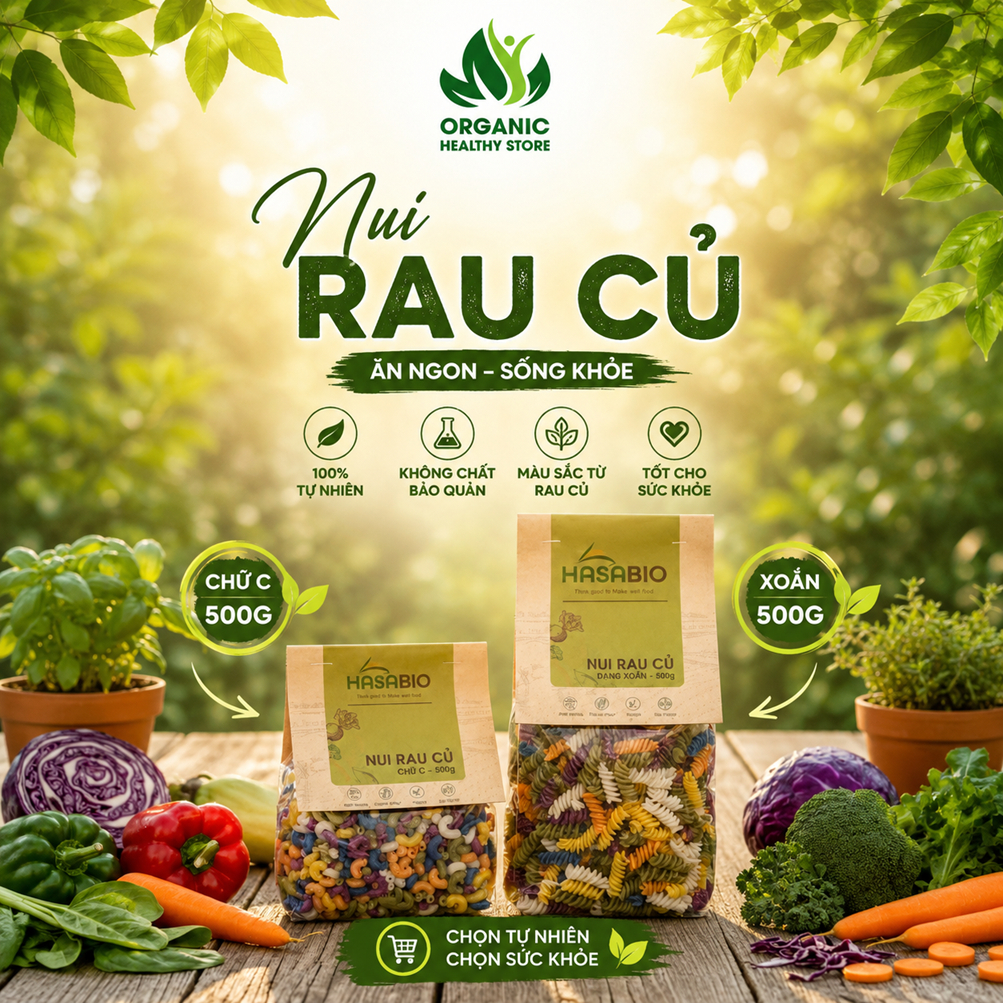 Nui rau củ HaSaBio Macaroni/ Fusilli 500g Nui chữ C, Nui xoắn