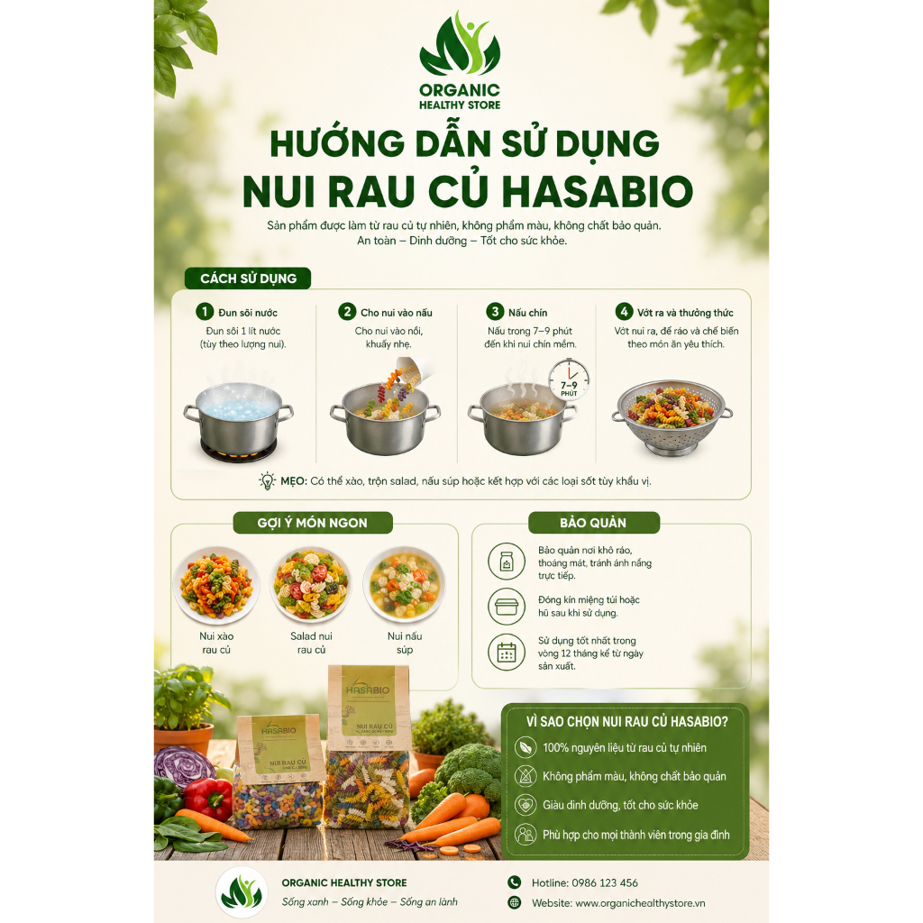 Nui rau củ HaSaBio Macaroni/ Fusilli 500g Nui chữ C, Nui xoắn