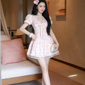 Đầm Hoa Nữ MNL-DH01 - Đầm Xòe Hoa Hồng Pastel Cổ Tim Tay Bồng, Tôn Dáng, Tiểu Thư Ngọt Ngào