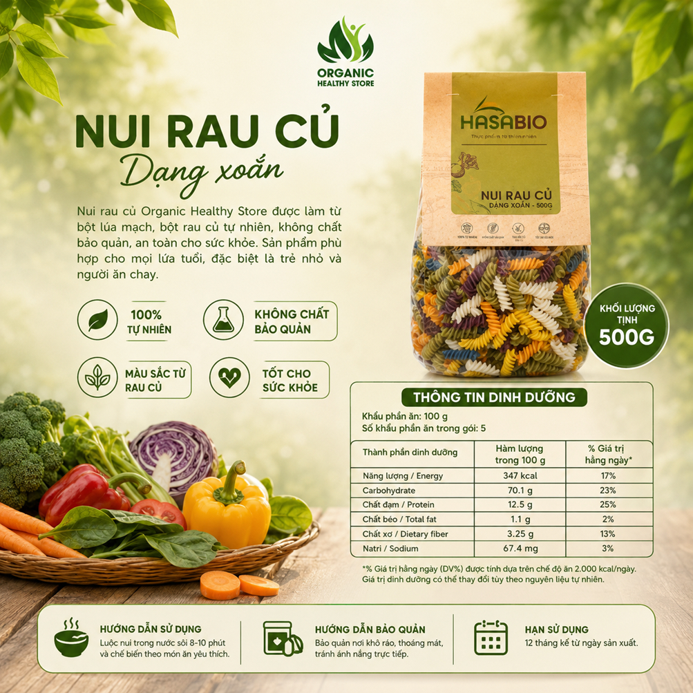 Nui rau củ HaSaBio Macaroni/ Fusilli 500g Nui chữ C, Nui xoắn