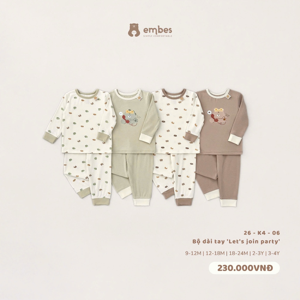 Bộ Dài Tay Cho Bé Embes, Bộ Thu Đông In Họa Tiết Chất Cotton Mềm Mịn Cho Bé Trai Bé Gái Từ 8-18kg