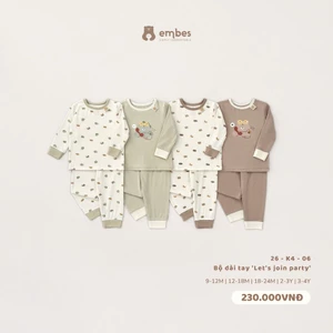 Bộ Dài Tay Cho Bé Embes, Bộ Thu Đông In Họa Tiết Chất Cotton Mềm Mịn Cho Bé Trai Bé Gái Từ 8-18kg