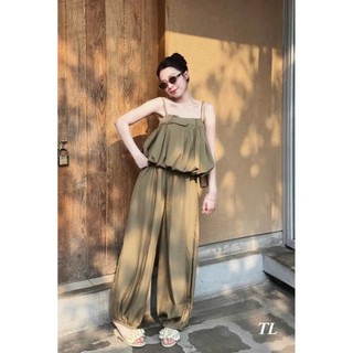 Set áo hai dây dáng babydoll phồng kèm quần dài ống suông chất đũi mát mẻ đi chơi