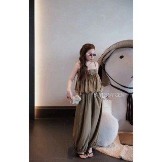 Set áo hai dây dáng babydoll phồng kèm quần dài ống suông chất đũi mát mẻ đi chơi