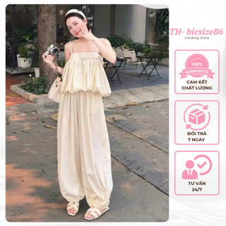 Set áo hai dây dáng babydoll phồng kèm quần dài ống suông chất đũi mát mẻ đi chơi