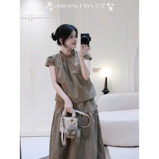 Set áo sơ mi tay hến cổ xếp li mix chân váy dài form xoè kiểu dáng đơn giản basic dễ mặc đi chơi
