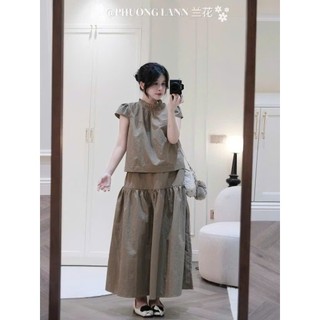 Set áo sơ mi tay hến cổ xếp li mix chân váy dài form xoè kiểu dáng đơn giản basic dễ mặc đi chơi