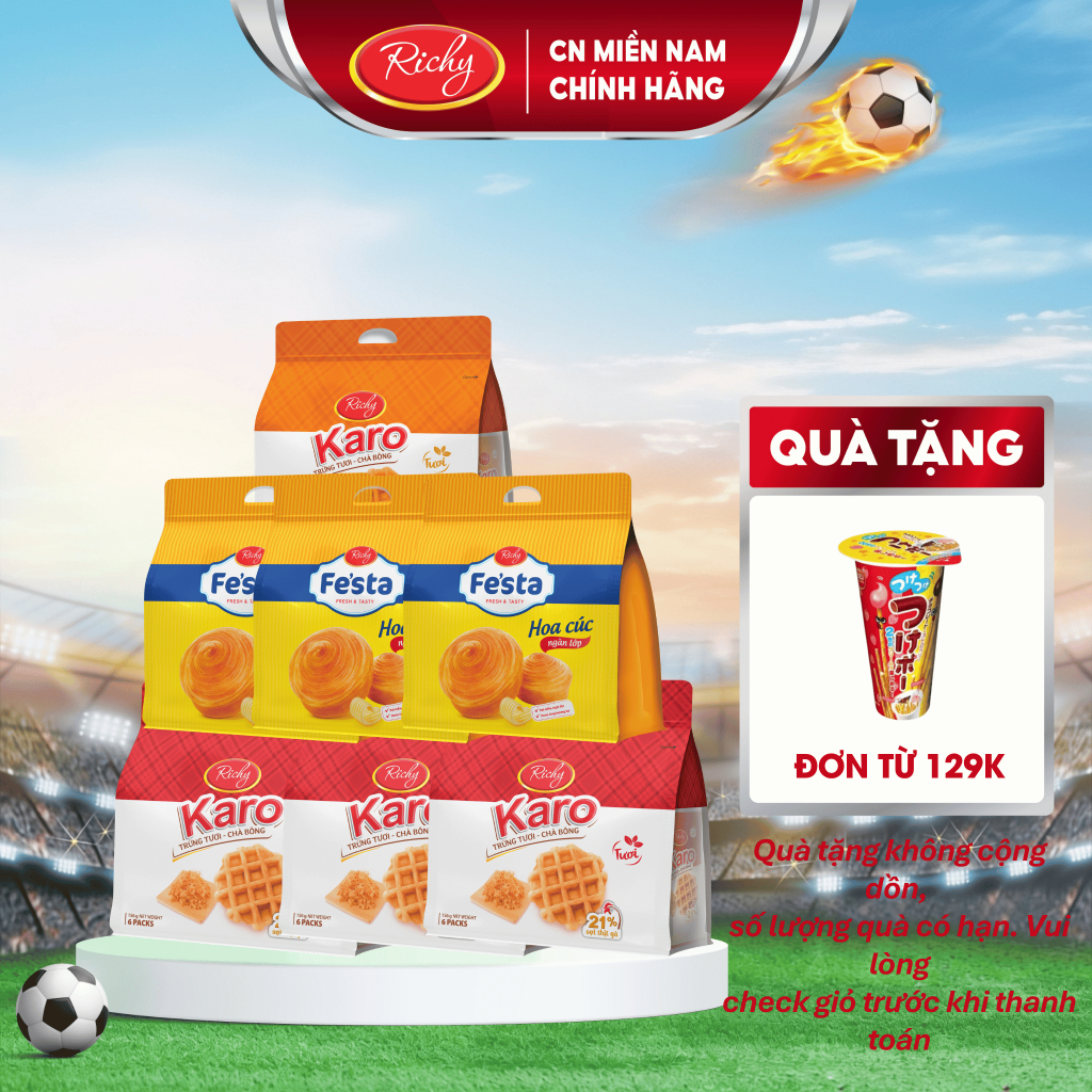 [Tặng quà đơn từ 129k]Combo 7 bánh Mix vị, 4 bịch Karo chà bông, 3 bịch Bánh mì hoa cúc Fe'sta, HSD 35-45 ngày