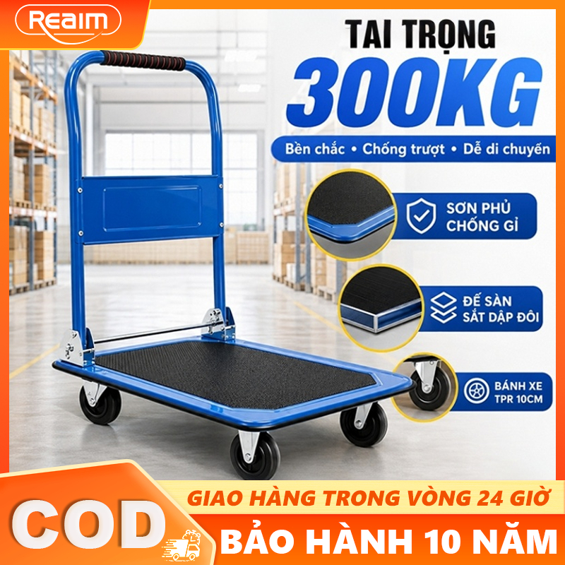 Xe đẩy hàng 4 bánh gập gọn 300kg nhập khẩu bánh cao su siêu bền, xe kéo hàng xếp gọn sàn thép