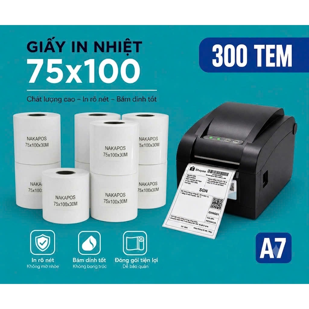 [COMBO 4 CUỘN] Giấy nhiệt 75x100mm tự dán A7  decal nhiệt 75*100  in mã vạch 290-300 có keo 75x100 giấy in đơn hàng