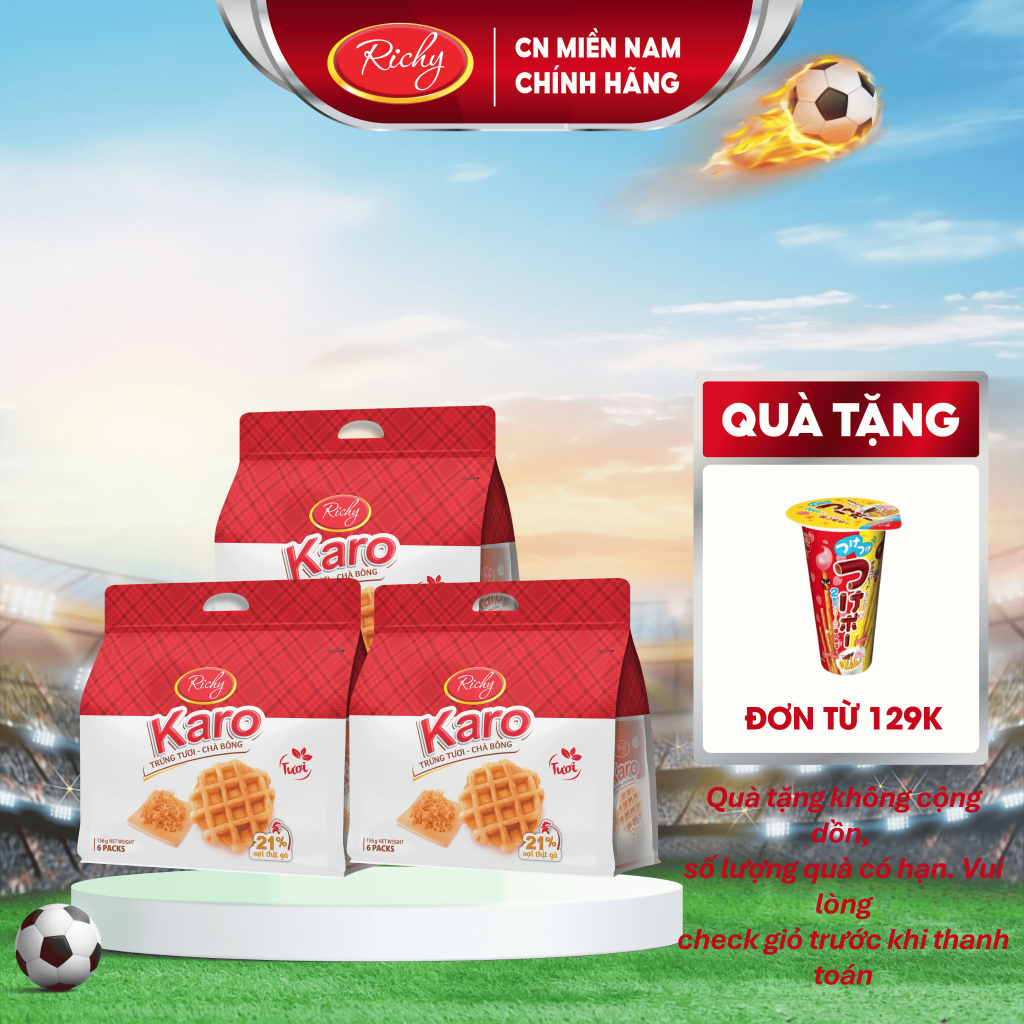 [Tặng 2 quà đơn từ 129k] Combo 3 bịch bánh Karo chà bông sợi gà, Bánh ăn sáng, Bánh kẹo Richy, HSD 45 ngày