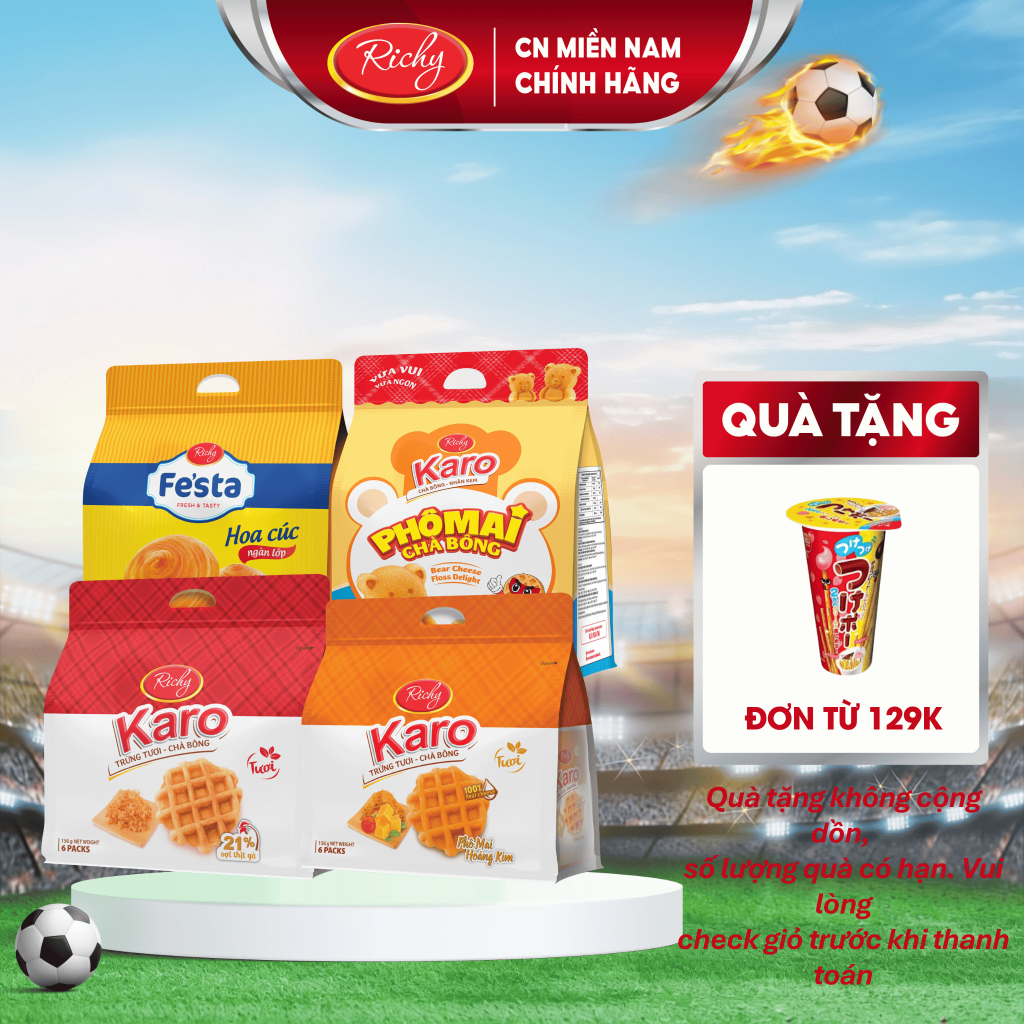 [Tặng quà đơn từ 129k]Combo  4 Bánh mix vị, Bánh Karo chà bông 6 bánh/bịch, Bánh Karo Gấu phô mai, HSD 45 ngày