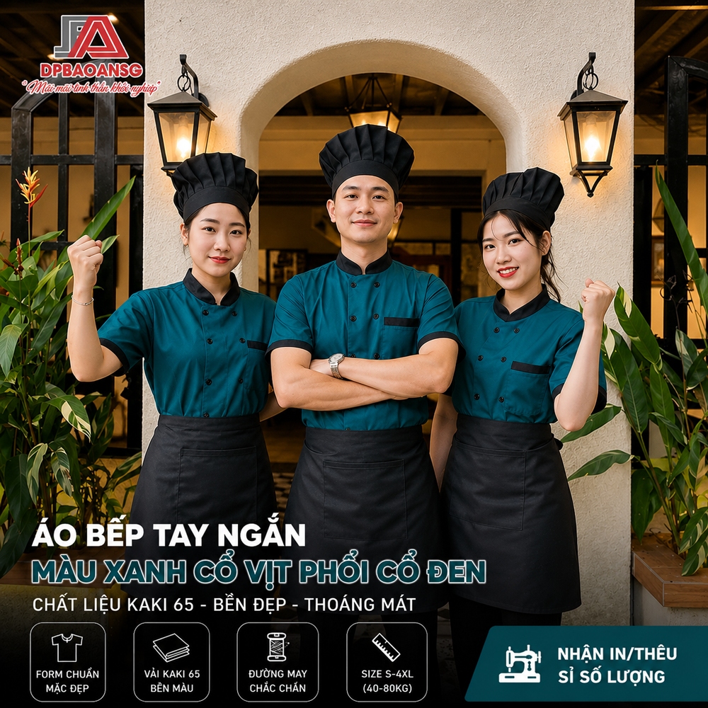 Áo Bếp Màu Xanh Tay Ngắn, áo đồng phục nam nữ đầu bếp nhà hàng, khách sạn