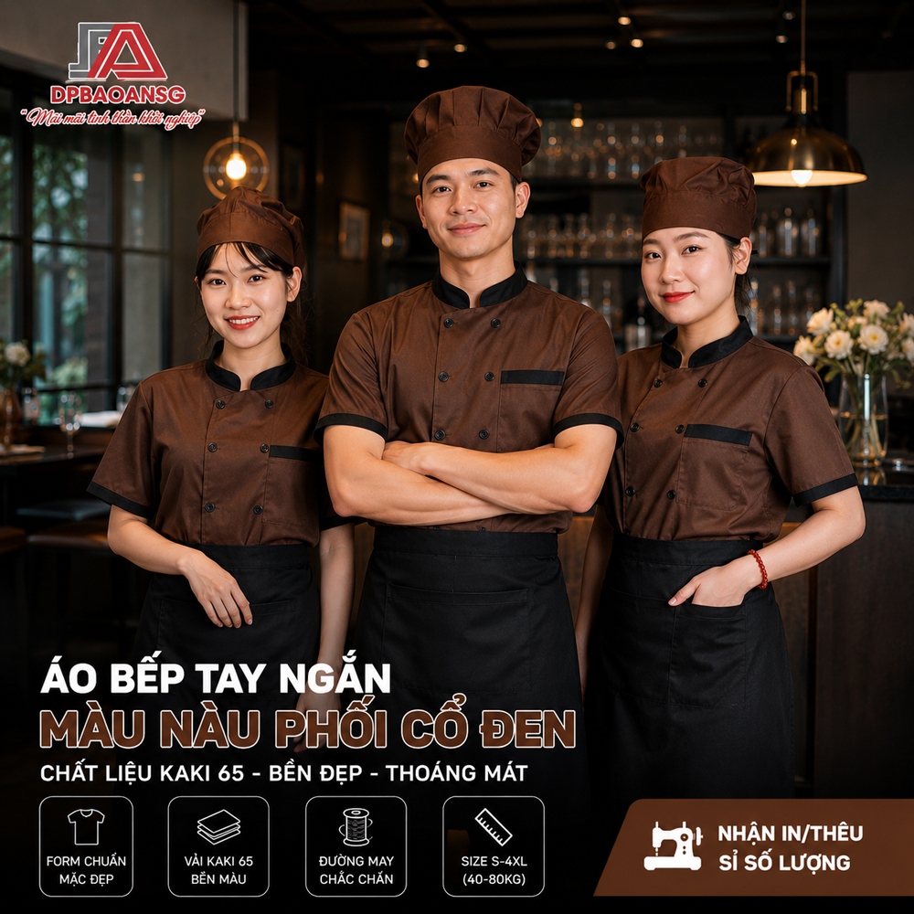 Áo Bếp Ngắn Tay Đồng Phục Đầu Bếp Màu Nâu Nam Nữ Nhà Hàng, Quán Ăn, Khách Sạn, Resort