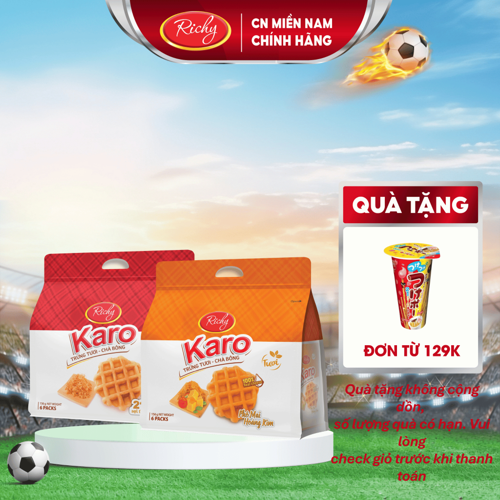 [Tặng quà đơn từ 129k] Combo 2 bịch bánh trứng tươi chà bông Karo Richy sợi thịt gà và phô mai hoàng kim 26g