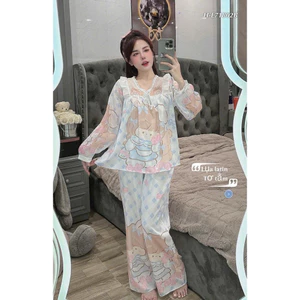 Pizama dài TD tiểu thư cổ V phối lưới in full - hình thật