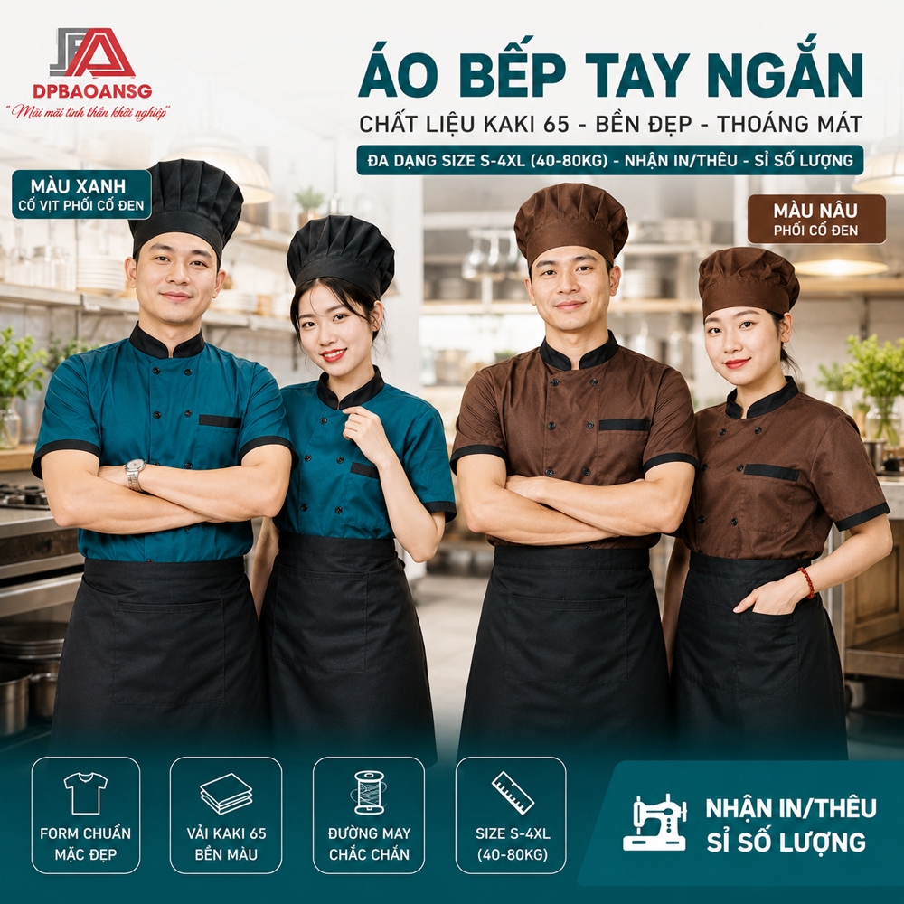 Áo Bếp Nhà Hàng Vải Kaki Ngắn Tay Form Nam Nữ - Màu Nâu/Xanh Cổ Vịt Phối Đen