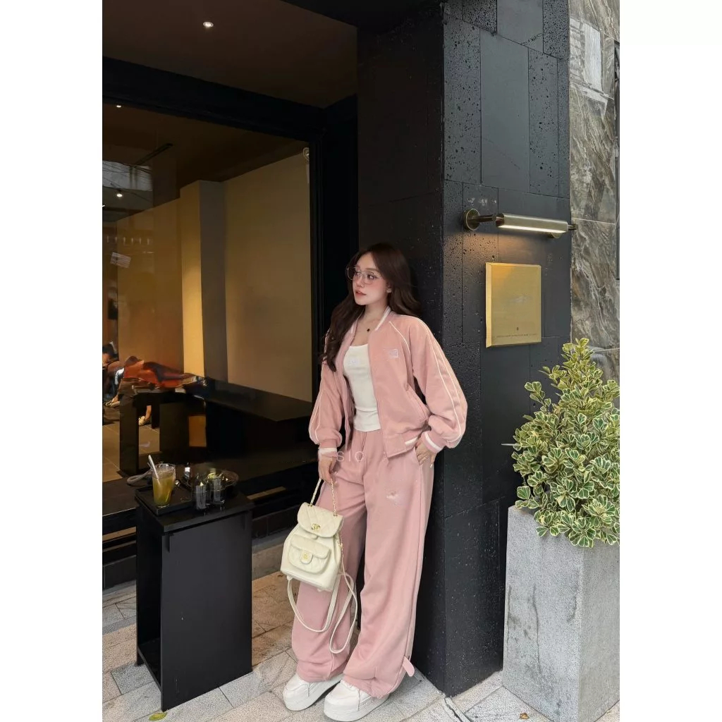 Set đồ nữ, đồ bộ nữ DONNA HCOM26798 áo khoác mix quần suông chất nỉ bông màu hồng siêu xinh