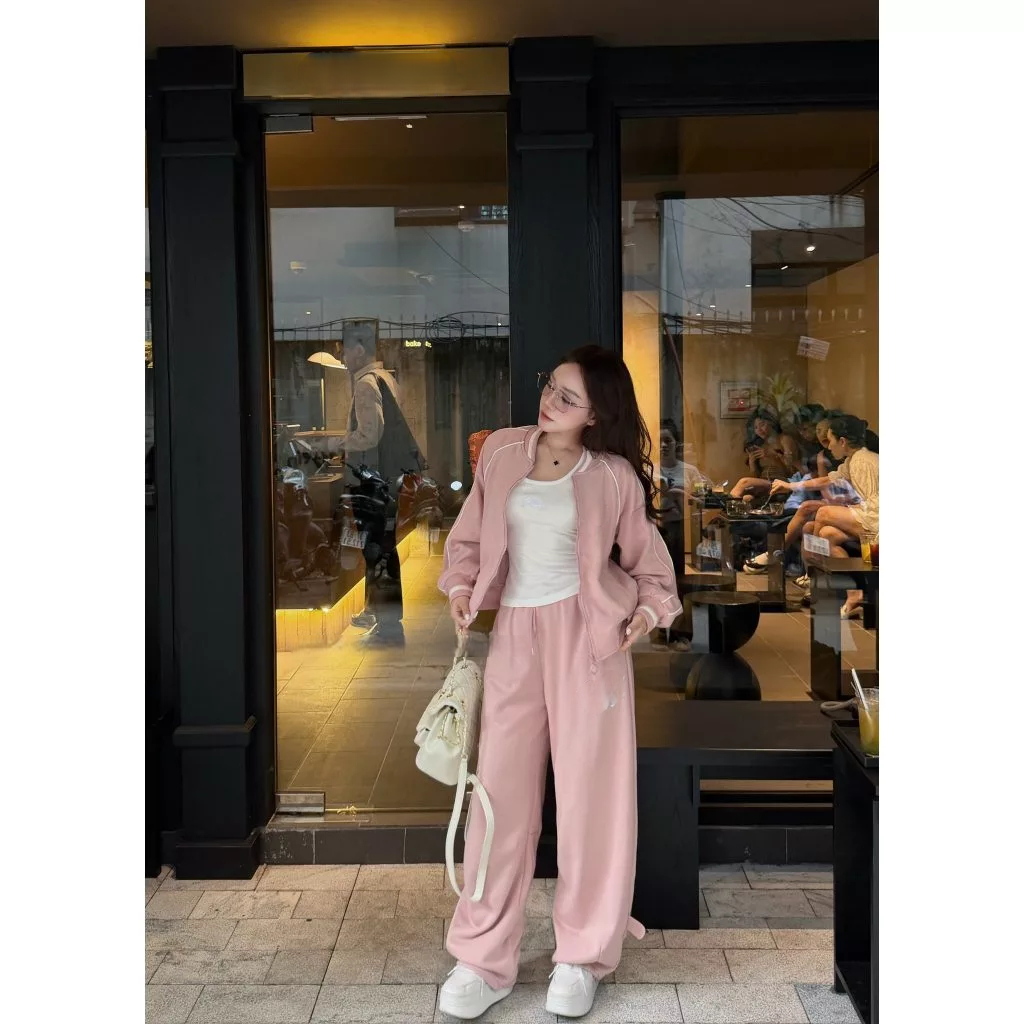 Set đồ nữ, đồ bộ nữ DONNA HCOM26798 áo khoác mix quần suông chất nỉ bông màu hồng siêu xinh