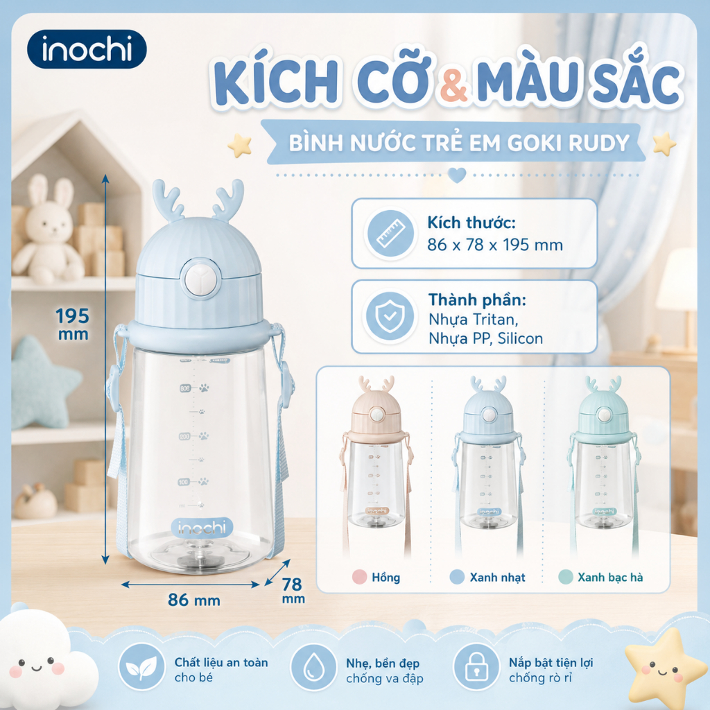 Bình nước trẻ em Inochi - Goki Rudy 450ml màu Xanh nhạt/Xanh bạc hà/Hồng nhạt