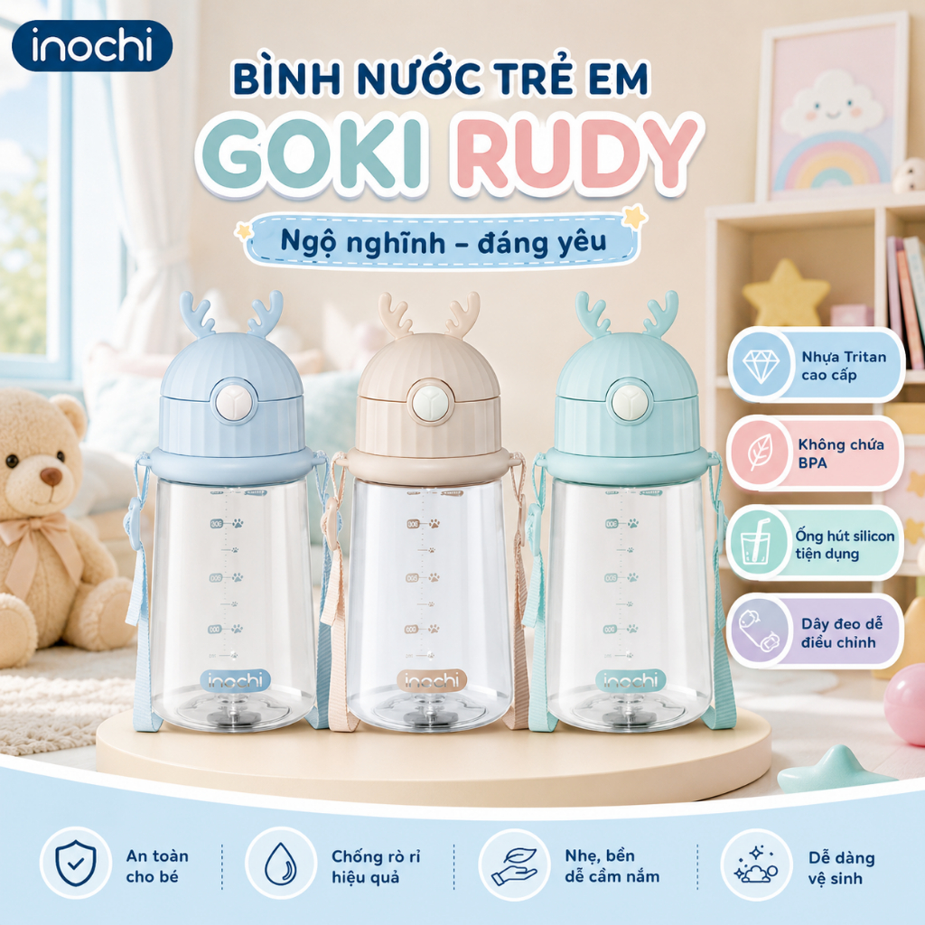 Bình nước trẻ em Inochi - Goki Rudy 450ml màu Xanh nhạt/Xanh bạc hà/Hồng nhạt