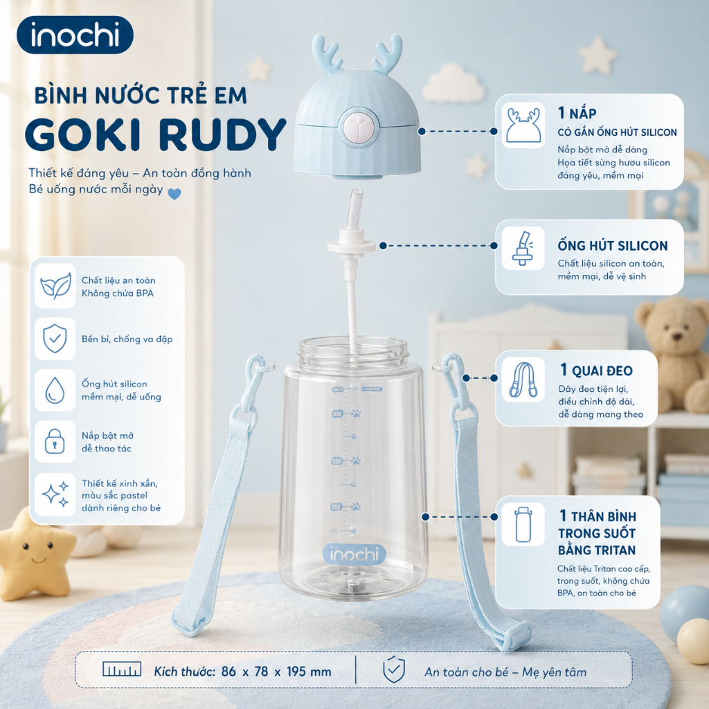Bình nước trẻ em Inochi - Goki Rudy 450ml màu Xanh nhạt/Xanh bạc hà/Hồng nhạt