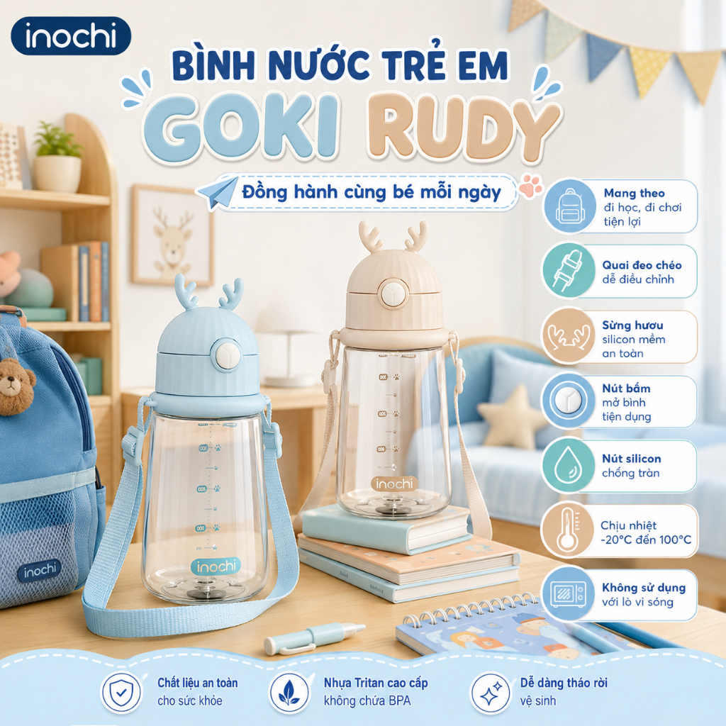 Bình nước trẻ em Inochi - Goki Rudy 450ml màu Xanh nhạt/Xanh bạc hà/Hồng nhạt
