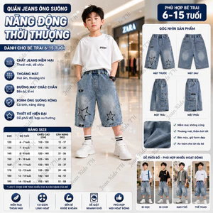 Quần Ngố Jean Bé Trai Thêu Sao Form Rộng Hot Trend Chất Bò Mềm Thoáng Mát Cá Tính 6-15 Tuổi